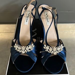 Nina - Crystal Embellished, Satin Wedge in Navy